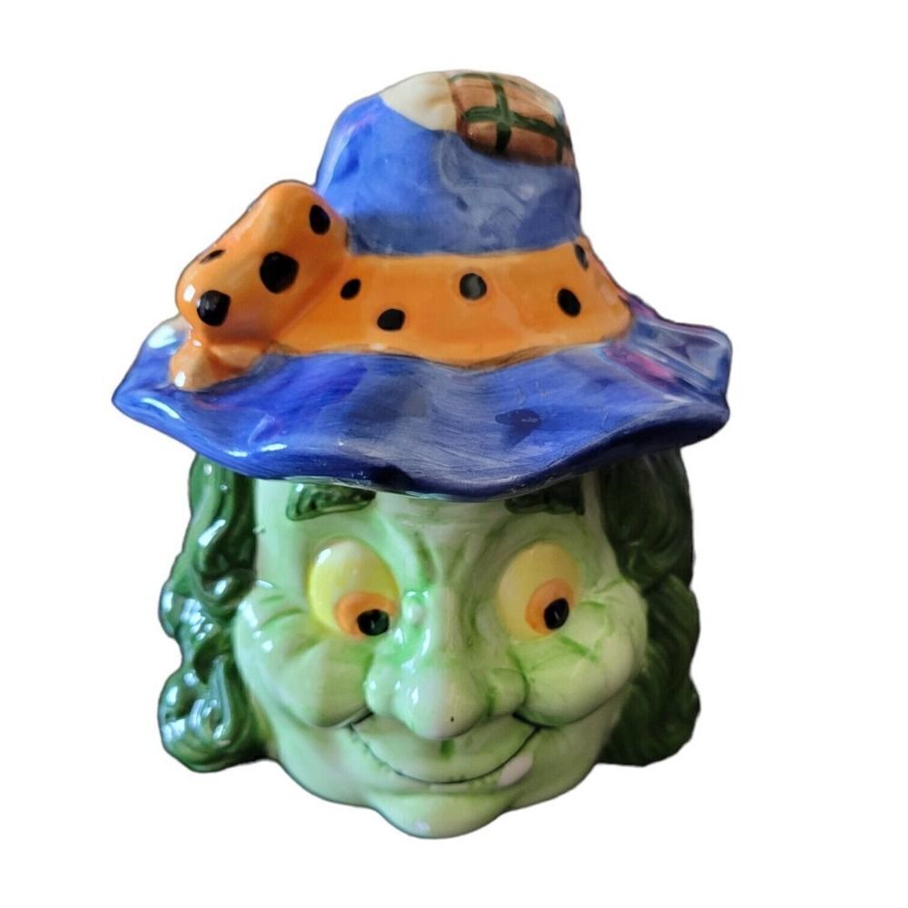 Vtg Halloween Green Witchy Witch Snack Cookie Jar Candy Dish Ceramic Vigor Retro